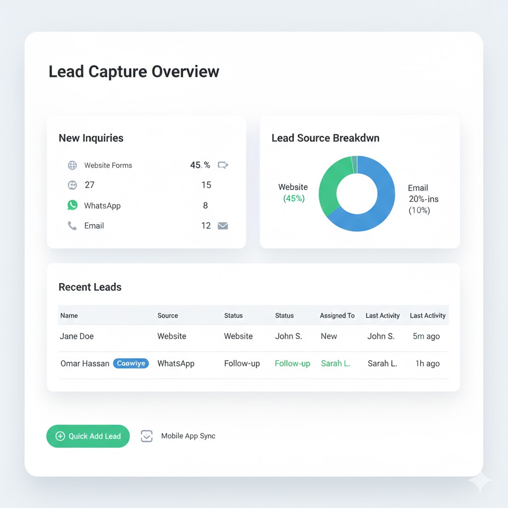 CRM Dashboard showing lead capture